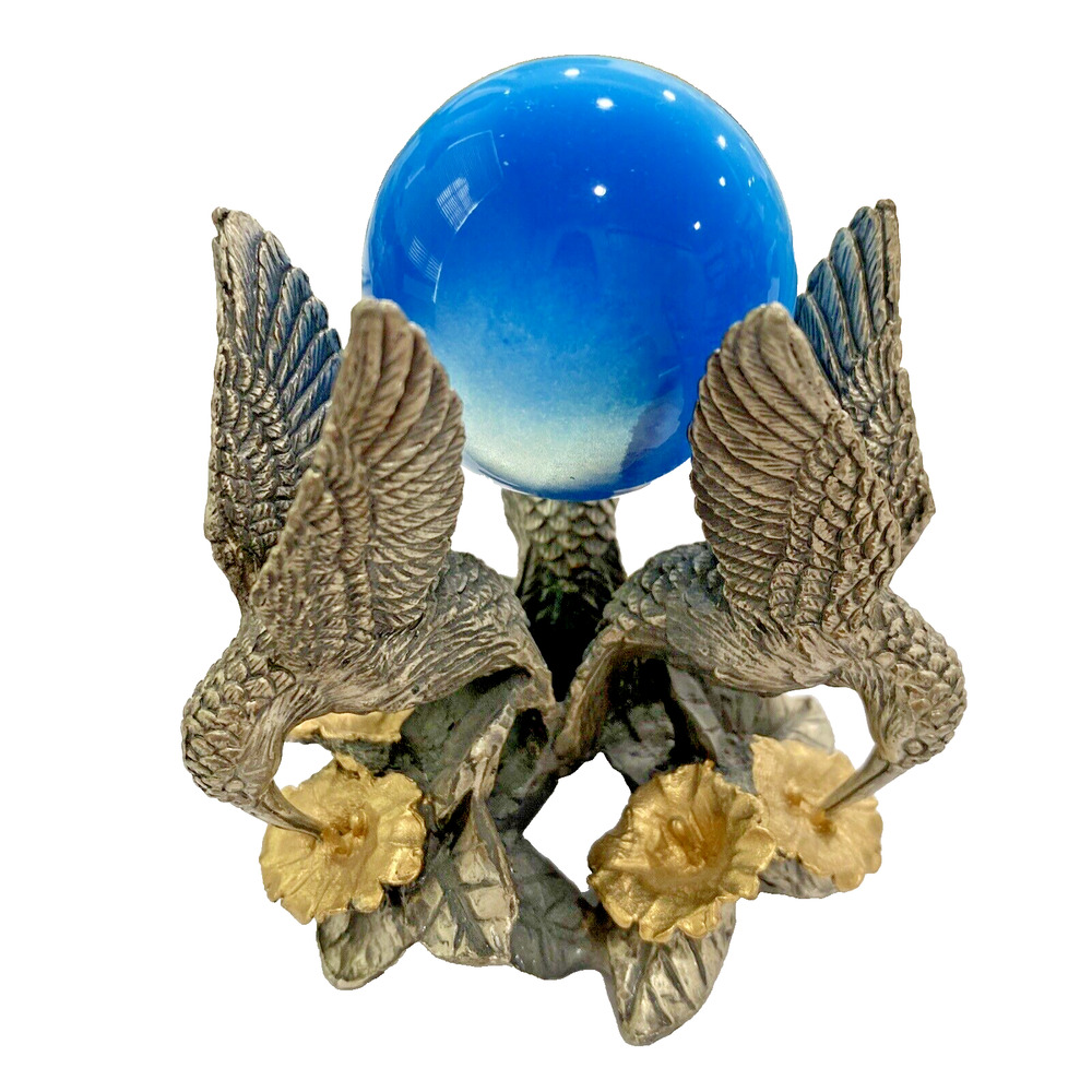 Blue Glass Crystal Ball Paperweight Silver & Gold Metal Hummingbird Orb Holder